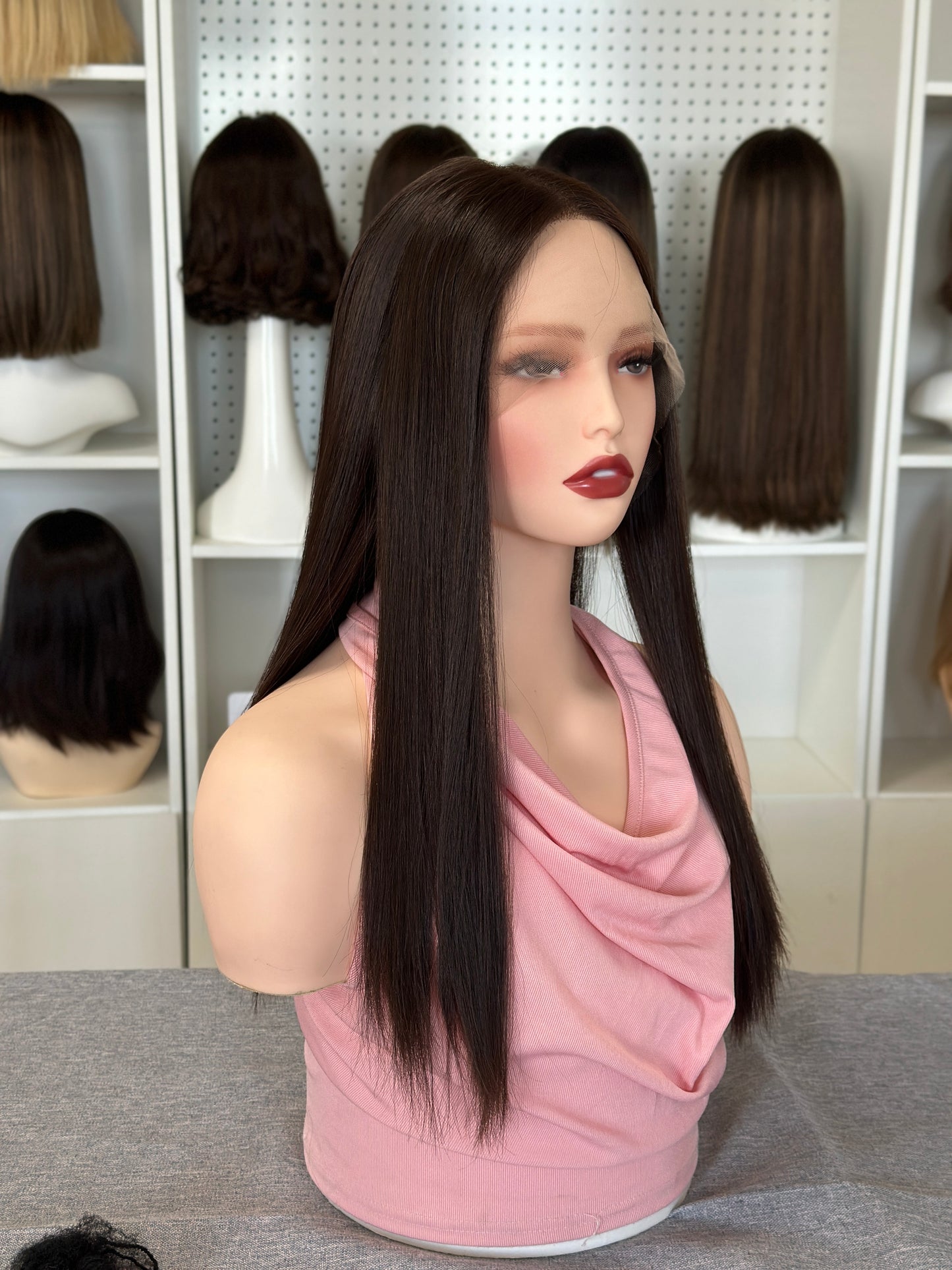 20 inch Straight Color #6 Slight Layer Brazilian Hair Lace Top Jewish Wig Sheitel