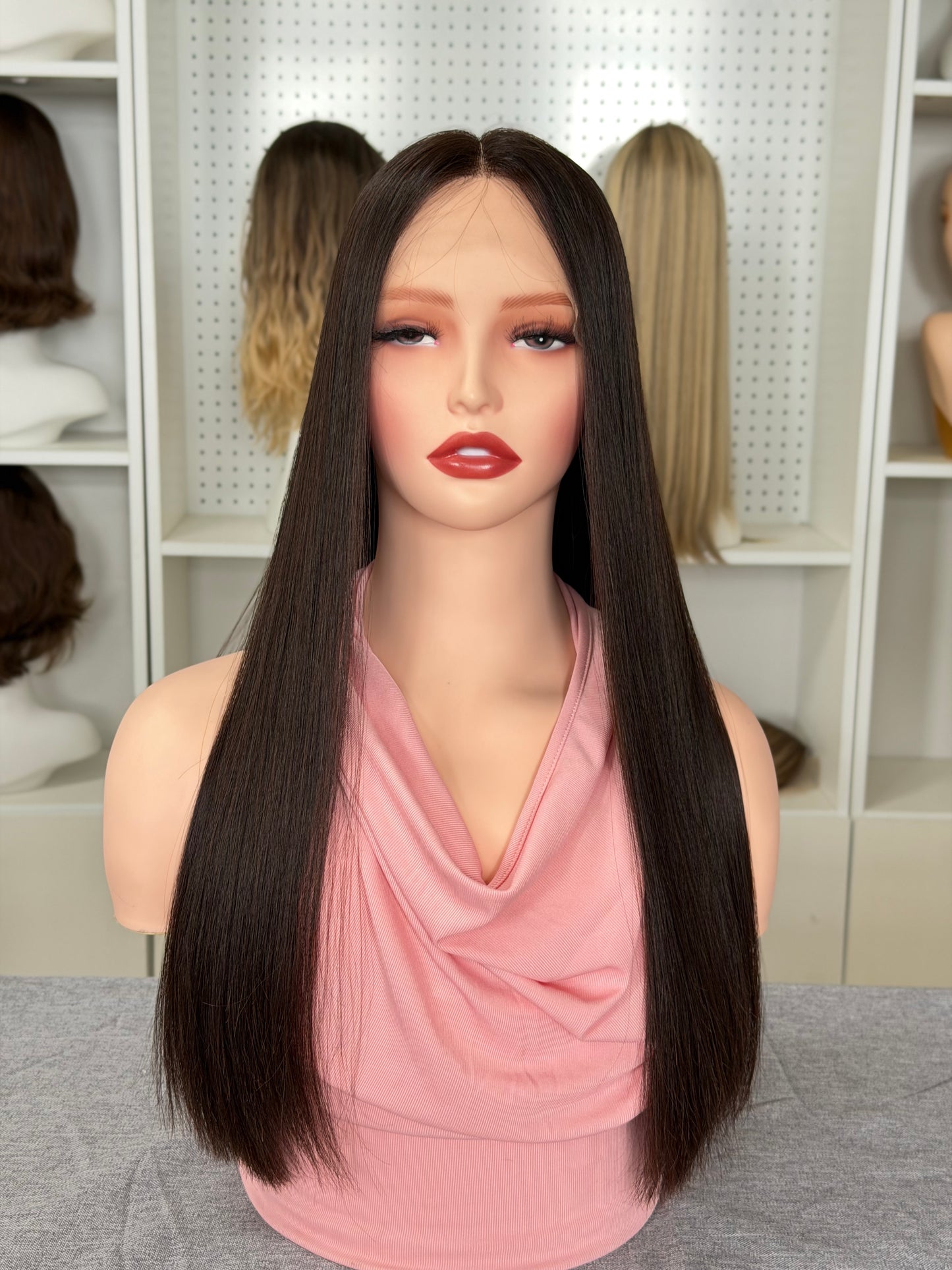 22 inch No Layer Silky Straight Color #6 Brazilian Hair Lace Top Jewish Wig Sheitel