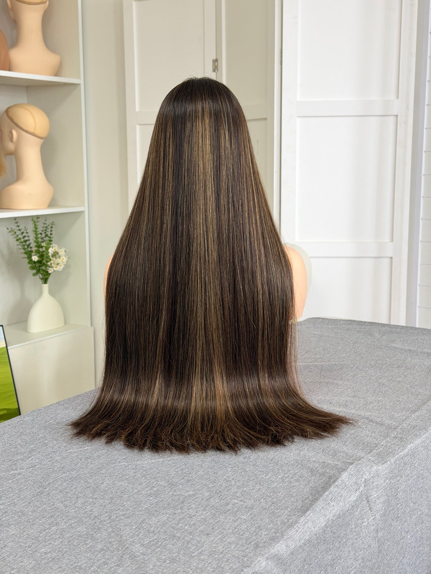30 inch Slight Layer Color #4 add Highlight Straight Lace Top Kosher Wig Sheitel