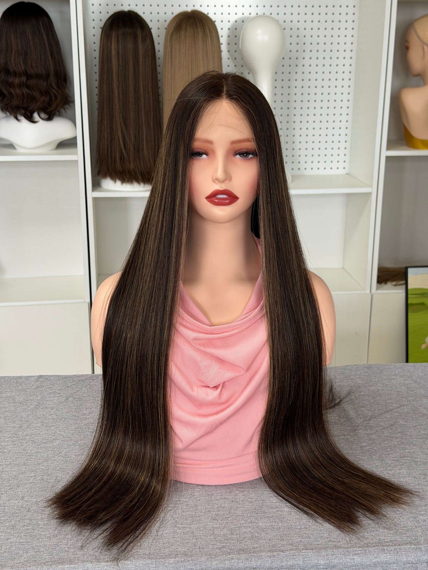 30 inch Slight Layer Color #4 add Highlight Straight Lace Top Kosher Wig Sheitel