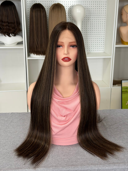30 inch Slight Layer Color #4 add Highlight Straight Lace Top Kosher Wig Sheitel