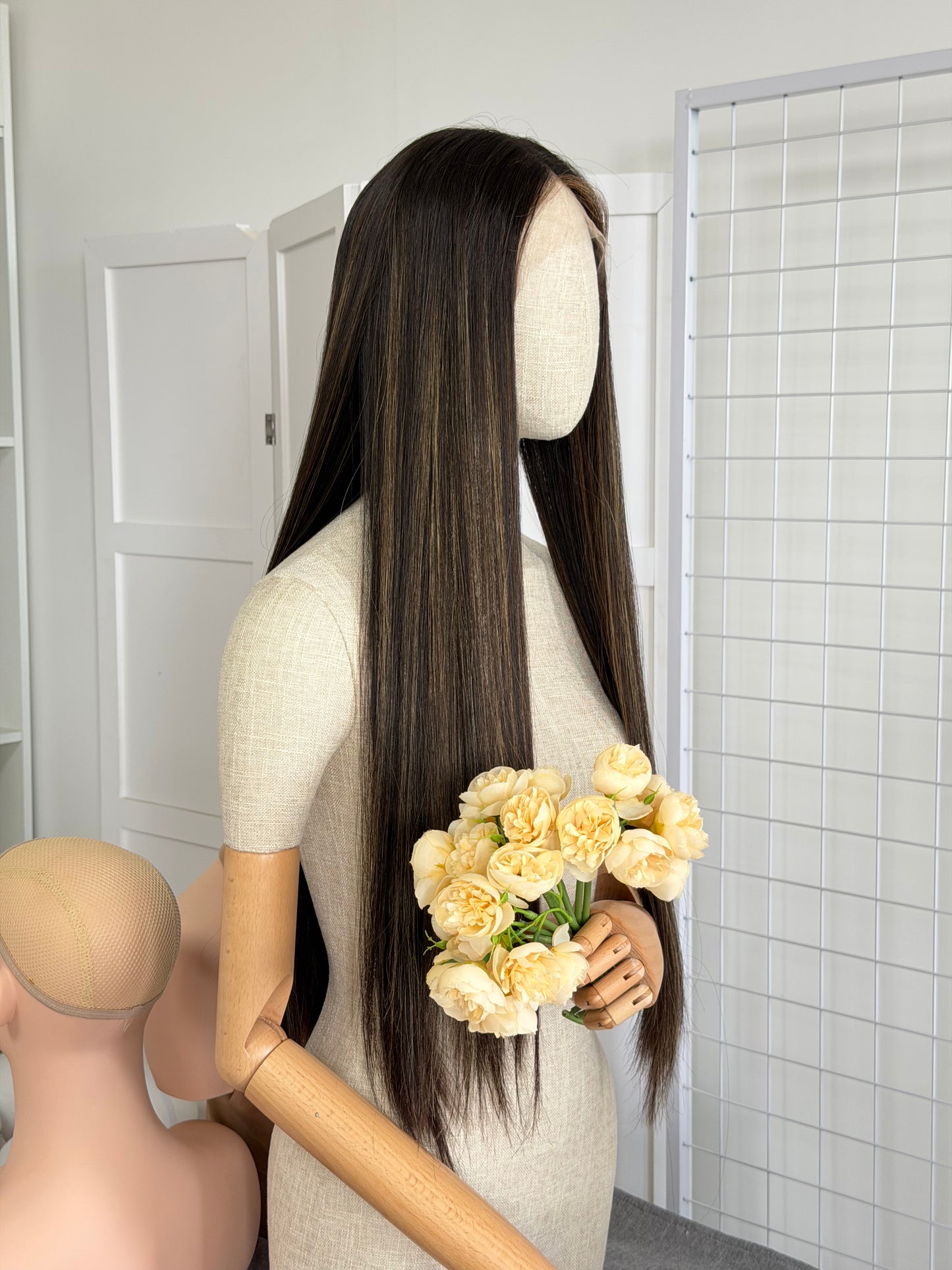 30 inch Slight Layer Color #4 add Highlight Straight Lace Top Kosher Wig Sheitel