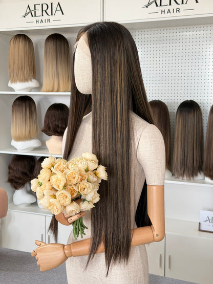 30 inch Slight Layer Color #4 add Highlight Straight Lace Top Kosher Wig Sheitel