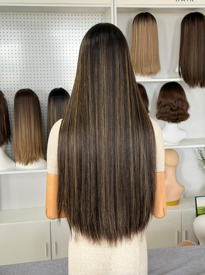 30 inch Slight Layer Color #4 add Highlight Straight Lace Top Kosher Wig Sheitel