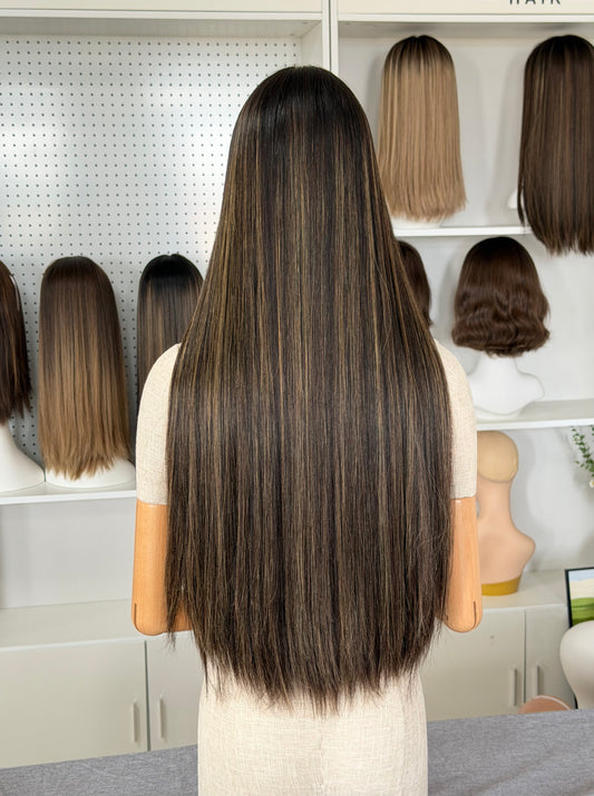 30 inch Slight Layer Color #4 add Highlight Straight Lace Top Kosher Wig Sheitel