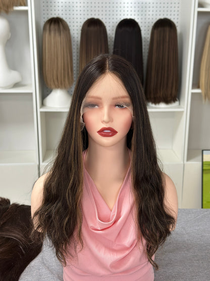20 inch Slight Layer Highlight Color Natural Wavy Brazilian Hair Lace Top Kosher Wig Sheitel