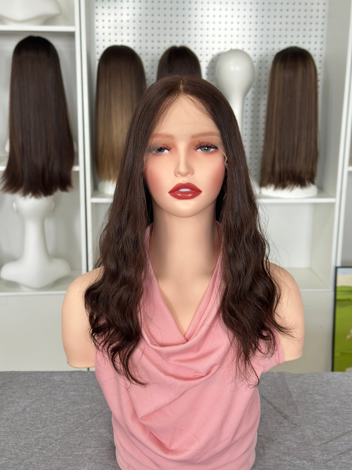 18 inch Slight Layer Color #6 Natural Curl Brazilian Hair Lace Top Jewish Wig Sheitel