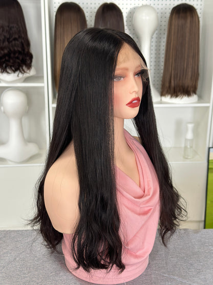24 inch Slight Layer Color #1B Natural Wave Brazilian Hair Lace Top Jewish Wig Sheitel