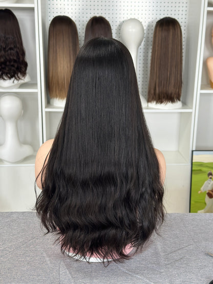 24 inch Slight Layer Color #1B Natural Wave Brazilian Hair Lace Top Jewish Wig Sheitel