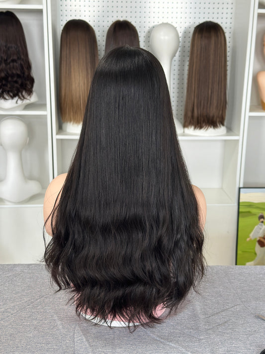 24 inch Slight Layer Color #1B Natural Wave Brazilian Hair Lace Top Jewish Wig Sheitel