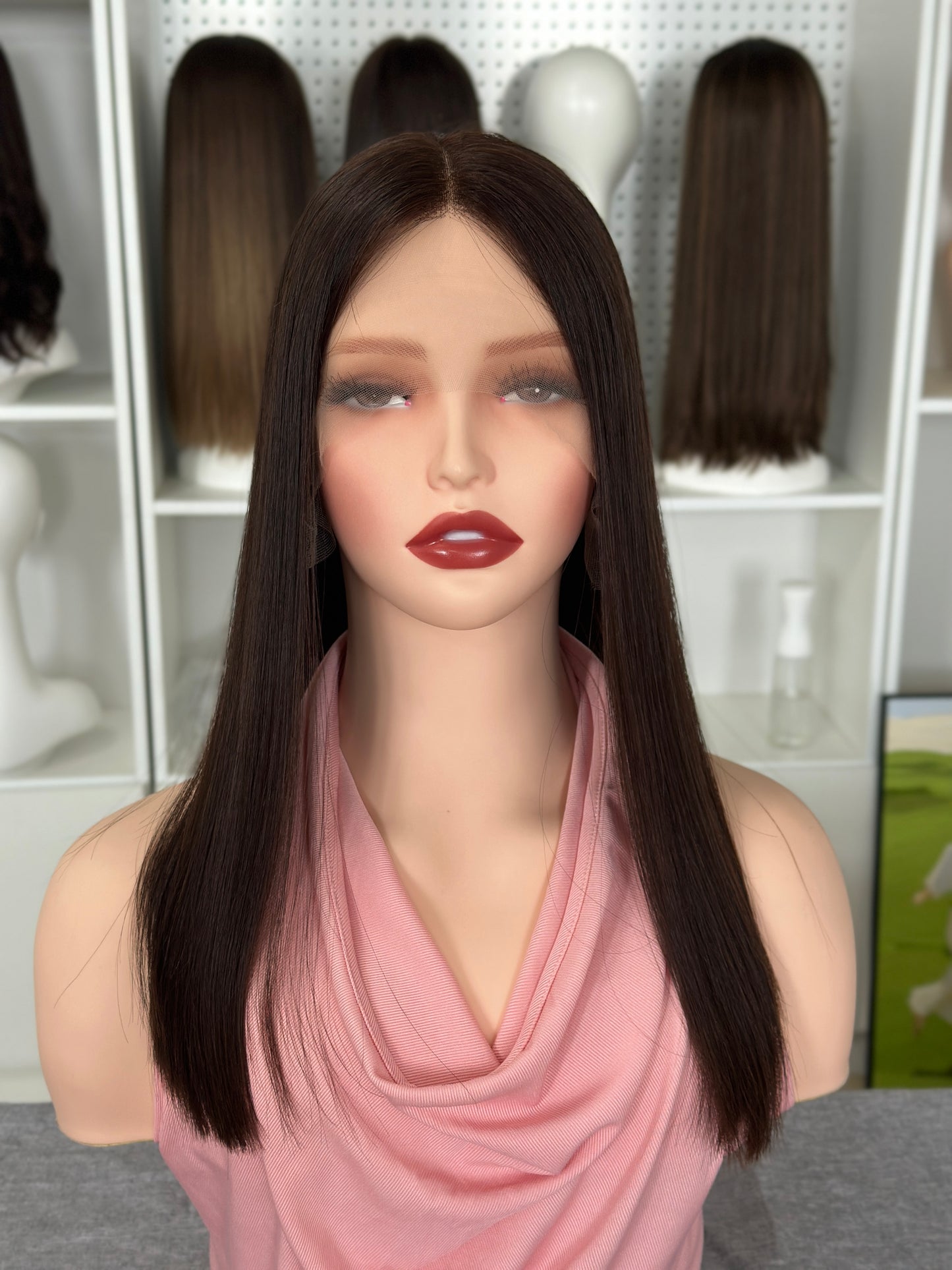 16 inch No Layer Color #6&8 Straight Lace Top Jewish Wig Brazilian Hair Sheitel