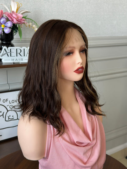 14 inch No Layer Natural Wavy Color #68 add Blonde Baby Hair Lace Top Jewish Wig Sheitel
