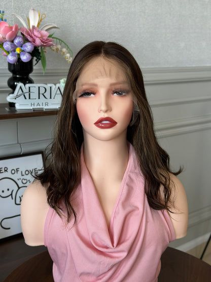 14 inch No Layer Natural Wavy Color #68 add Blonde Baby Hair Lace Top Jewish Wig Sheitel