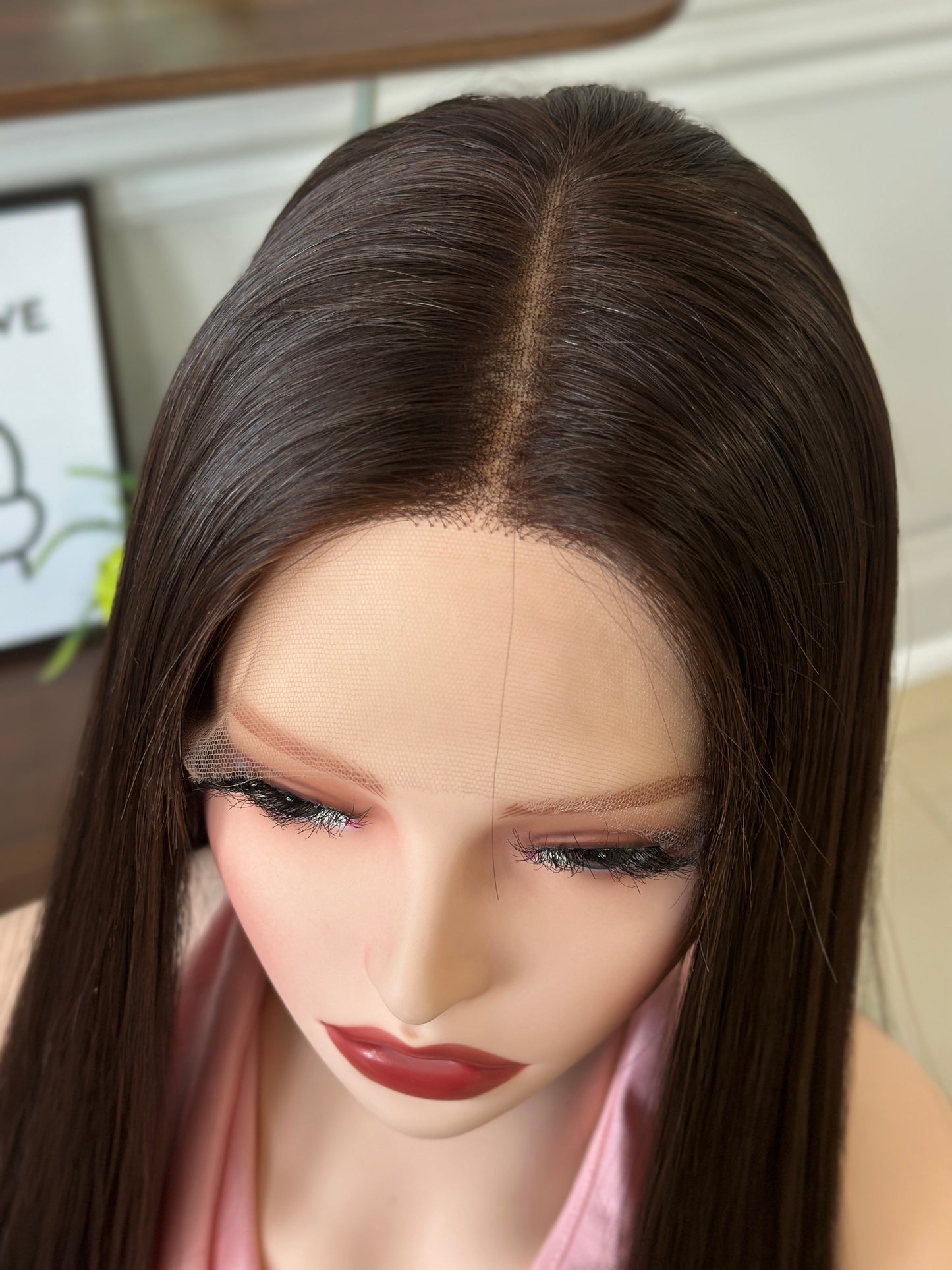 20 inch No Layer Straight Color #6 Lace Top Wig Brazilian Hair Jewish Wig Sheitel