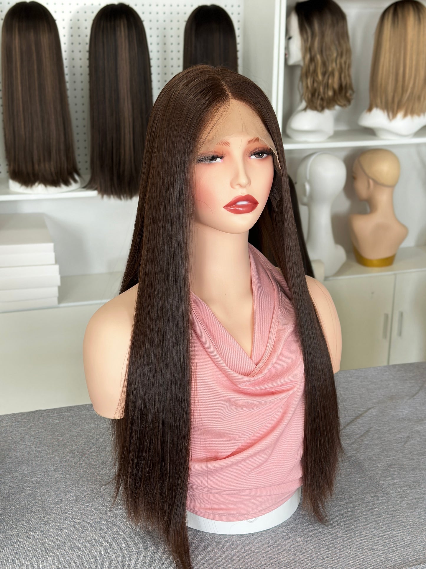 22 inch Slight Layer Color #8 Straight Brazilian Hair Lace Top Kosher Wig Sheitel