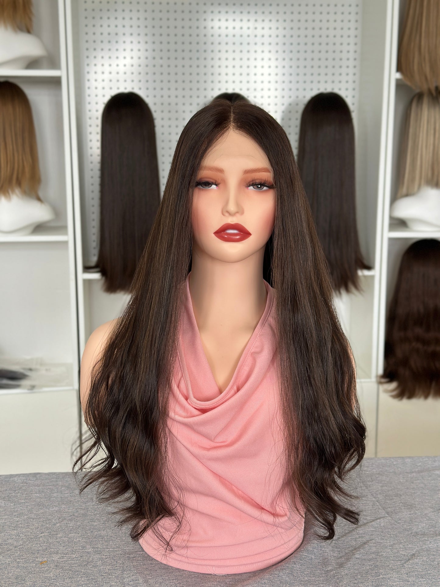 22 inch No Layer Color #46 add Highlight Brazilian Hair Lace Top Orthodox Jewish Wig Sheitel