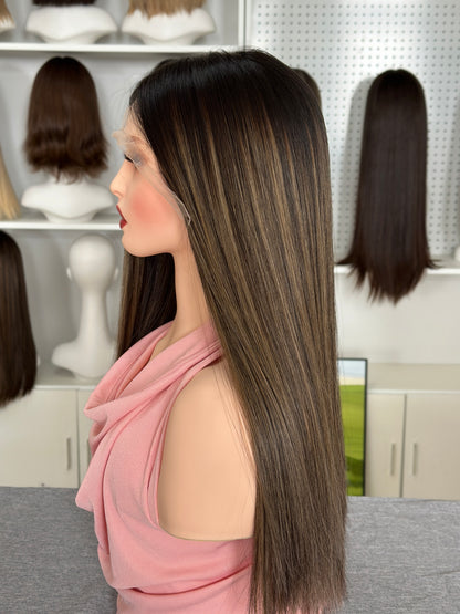 22 inch Slight Layer Highlight Color Straight Brazilian Hair Lace Top Orthodox Jewish Wig Sheitel