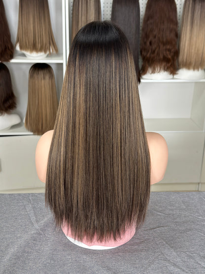 22 inch Slight Layer Highlight Color Straight Brazilian Hair Lace Top Orthodox Jewish Wig Sheitel
