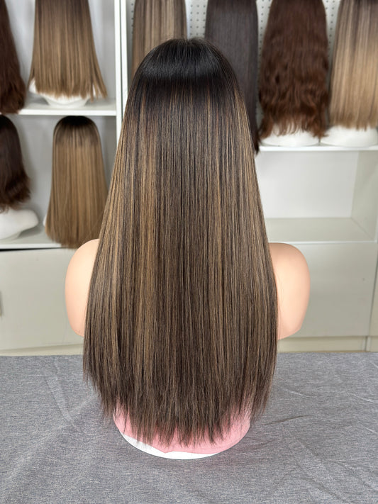 22 inch Slight Layer Highlight Color Straight Brazilian Hair Lace Top Orthodox Jewish Wig Sheitel