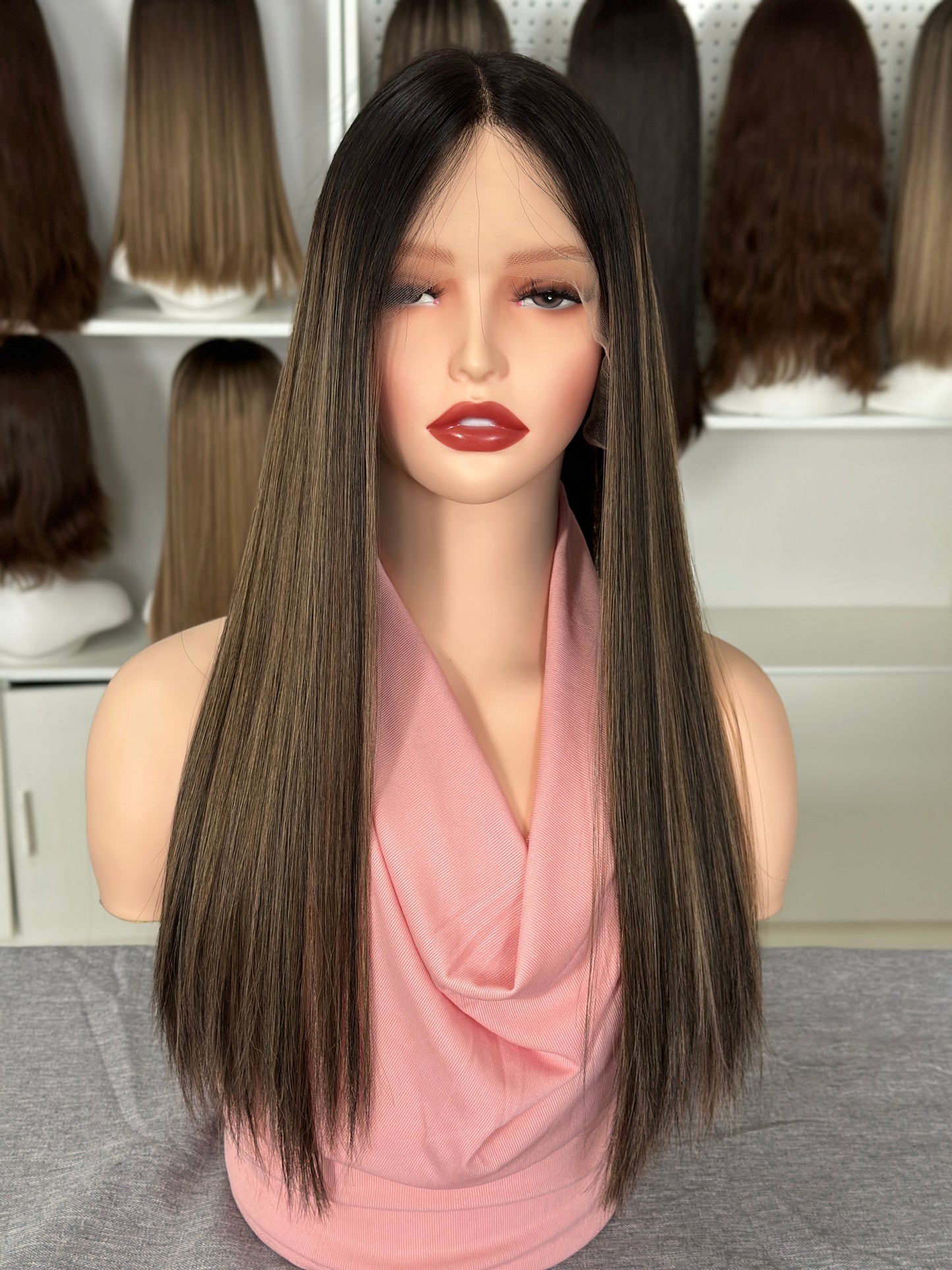 22 inch Slight Layer Highlight Color Straight Brazilian Hair Lace Top Orthodox Jewish Wig Sheitel