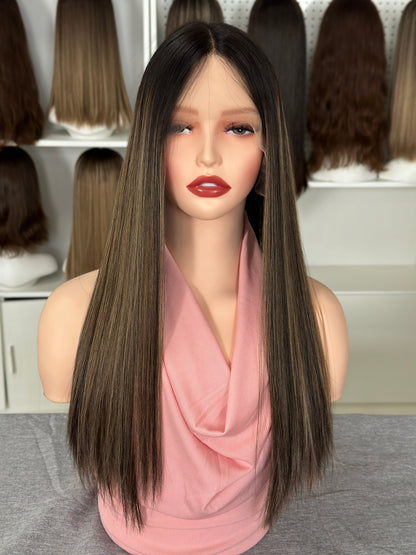 22 inch Slight Layer Highlight Color Straight Brazilian Hair Lace Top Orthodox Jewish Wig Sheitel