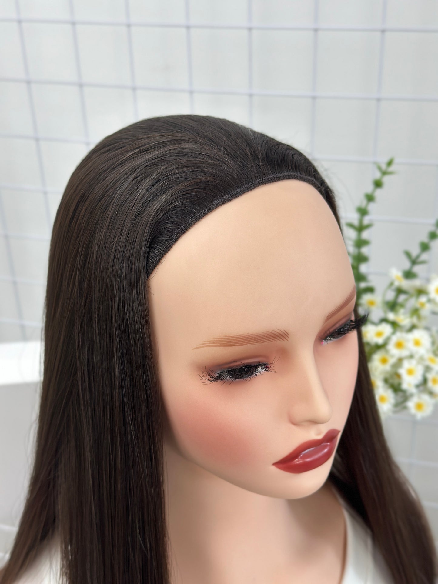 24 inch Slight Layer Original Color #6 Straight Russian Hair Jewish Bandfall Wig Sheitel Kosher Wigs