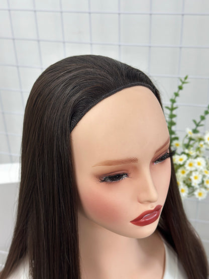 24 inch Slight Layer Original Color #6 Straight Russian Hair Jewish Bandfall Wig Sheitel Kosher Wigs