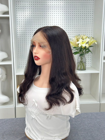 16 inch No Layer Color #4 Brazilian Hair Natural Wavy Lace Top Jewish Kosher Wigs Sheitel