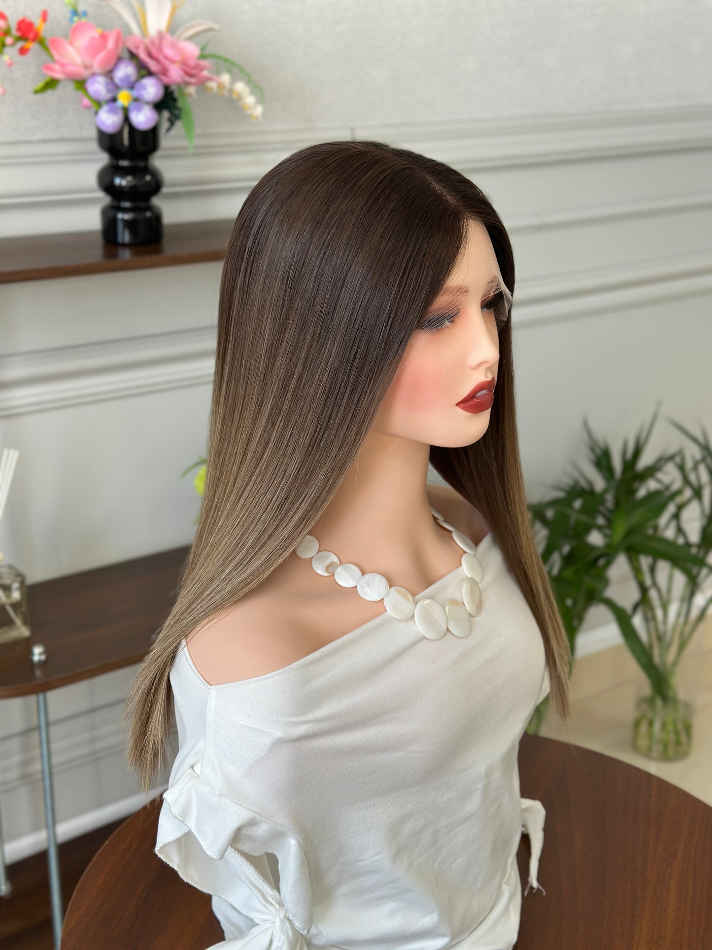 18 inch No Layer Color #B01 Straight Brazilian Hair Lace Top Jewish Wig Sheitel