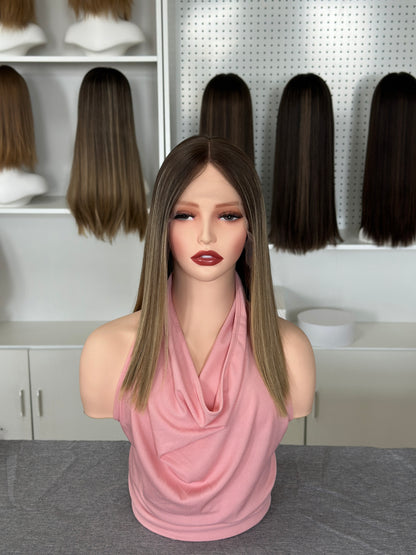 16 inch Slight Layer Color #B24 Straight Brazilian Hair Lace Top Kosher Wig Sheitel