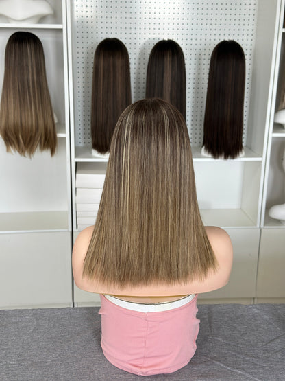 16 inch Slight Layer Color #B24 Straight Brazilian Hair Lace Top Kosher Wig Sheitel