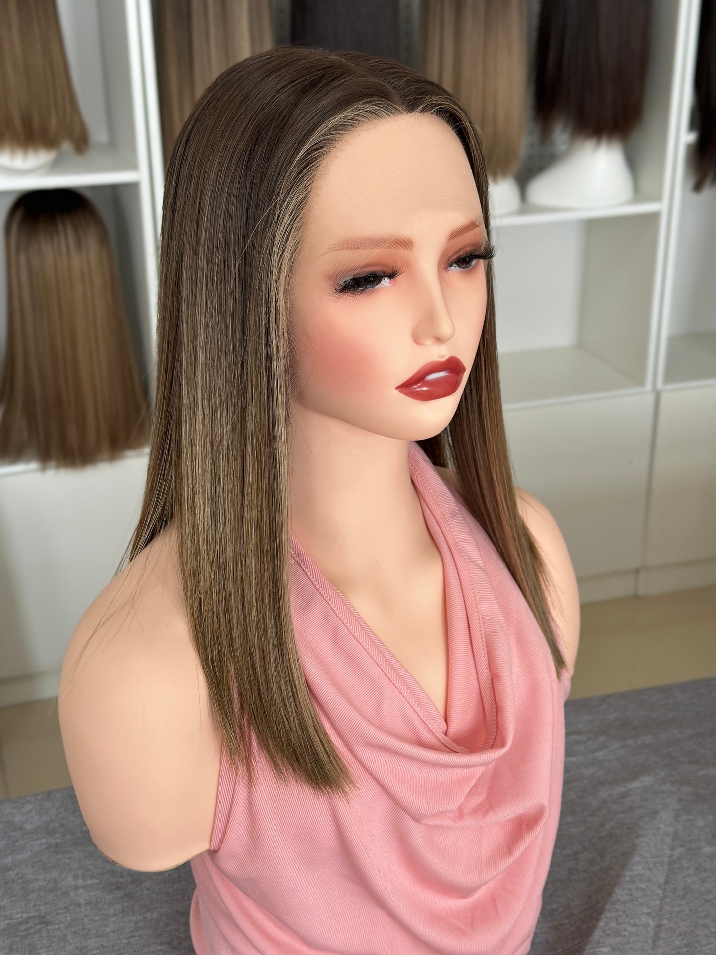 16 inch Slight Layer Color #B01 Straight Brazilian Hair Lace Top Jewish Wig Sheitel
