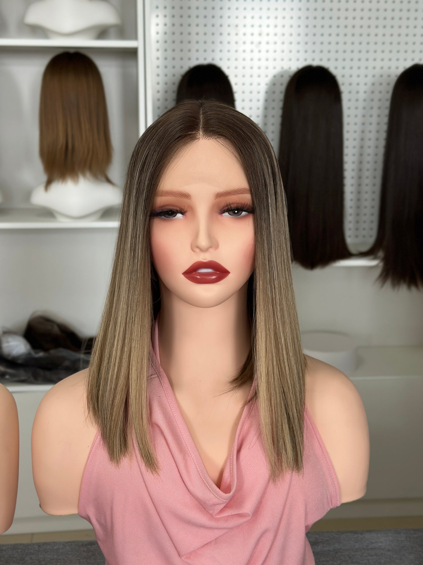 14 inch No Layer Color #B24 Straight Brazilian Hair Lace Top Wig Jewish Kosher Wig Sheitel