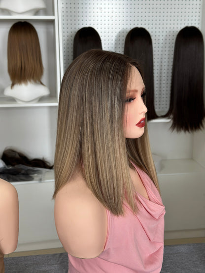 14 inch No Layer Color #B24 Straight Brazilian Hair Lace Top Wig Jewish Kosher Wig Sheitel