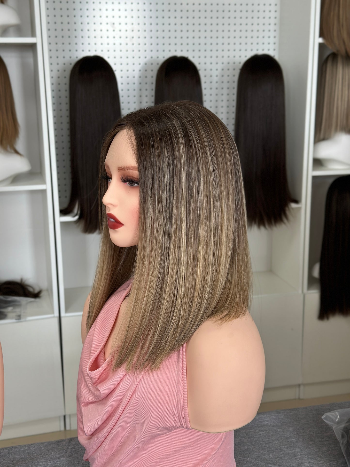 14 inch No Layer Color #B24 Straight Brazilian Hair Lace Top Wig Jewish Kosher Wig Sheitel