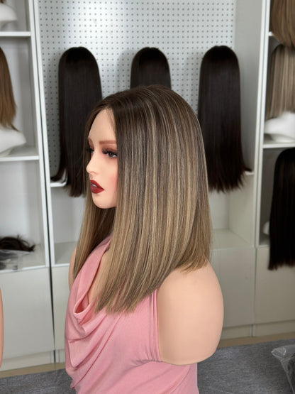 14 inch No Layer Color #B24 Straight Brazilian Hair Lace Top Wig Jewish Kosher Wig Sheitel