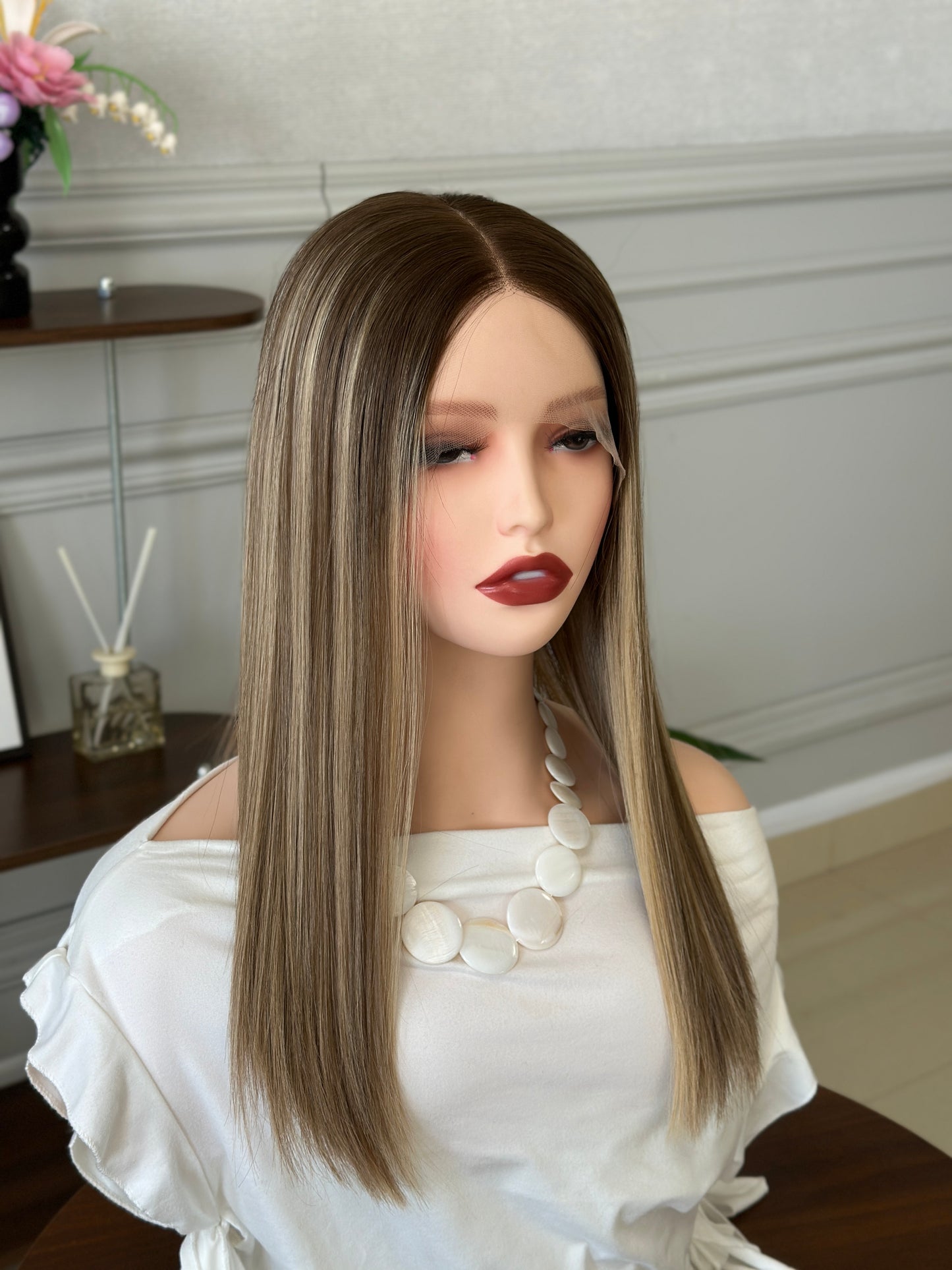 18 inch Straight Slight Layer Color #B68 Brazilian Hair Lace Top Wig Sheitel