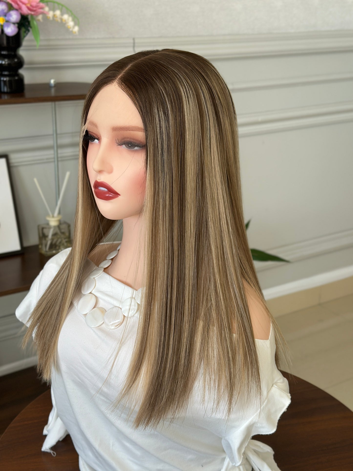 18 inch Straight Slight Layer Color #B68 Brazilian Hair Lace Top Wig Sheitel