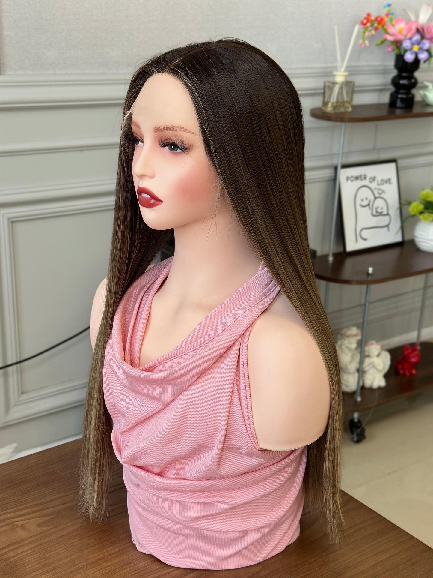 24 inch Slight Layer Color #B01 Straight Brazilian Hair Lace Top Jewish Wig Sheitel