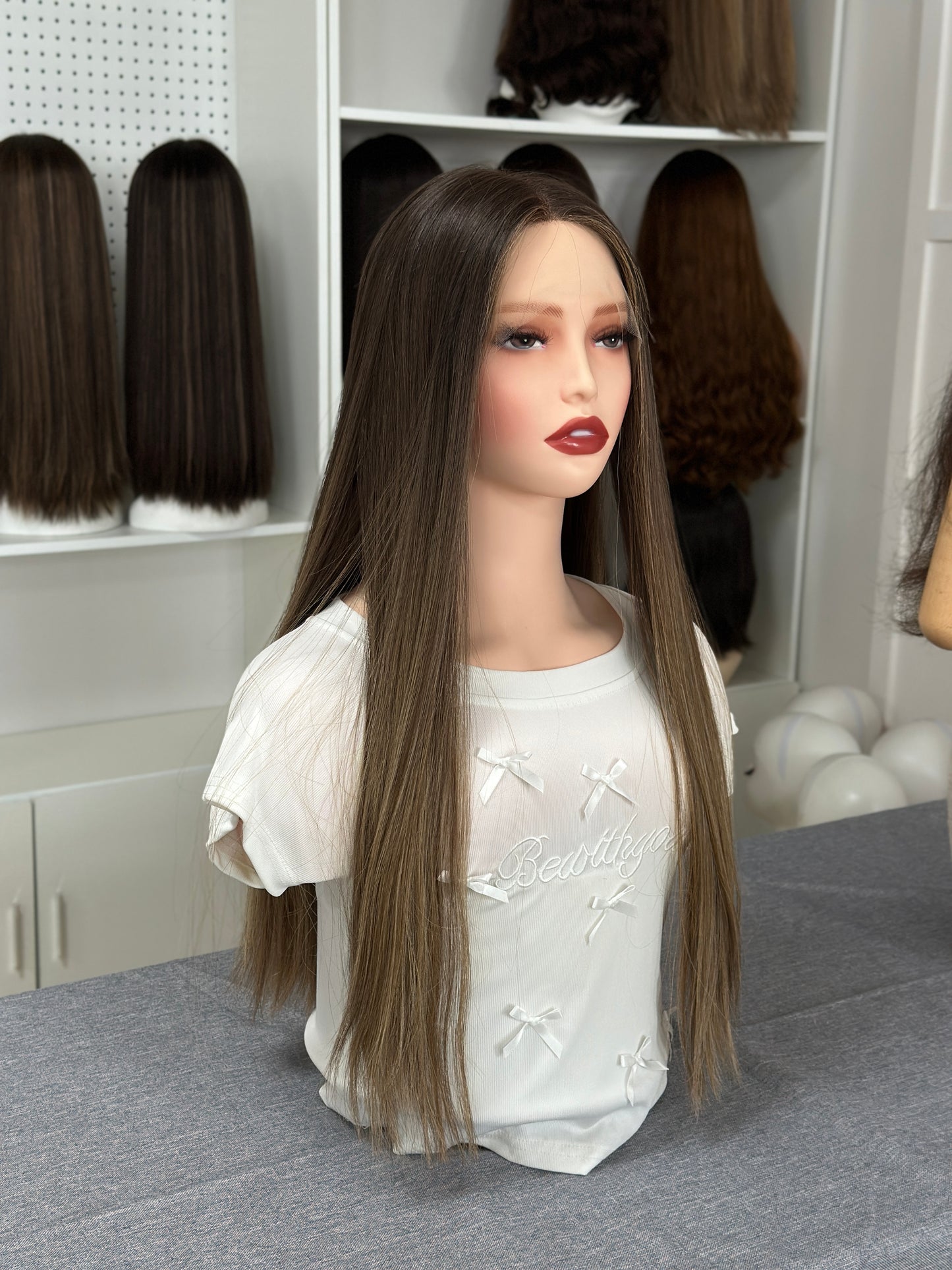 24 inch Slight Layer Color #B01 Straight Brazilian Hair Lace Top Jewish Wig Sheitel