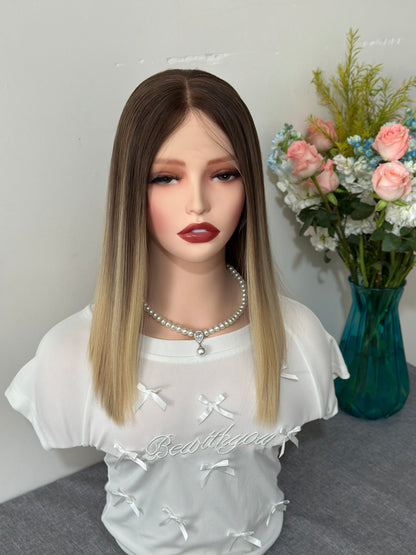 14 inch No Layer Color #B02 Straight Brazilian Hair Lace Top Wig Sheitel