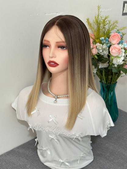 14 inch No Layer Color #B02 Straight Brazilian Hair Lace Top Wig Sheitel