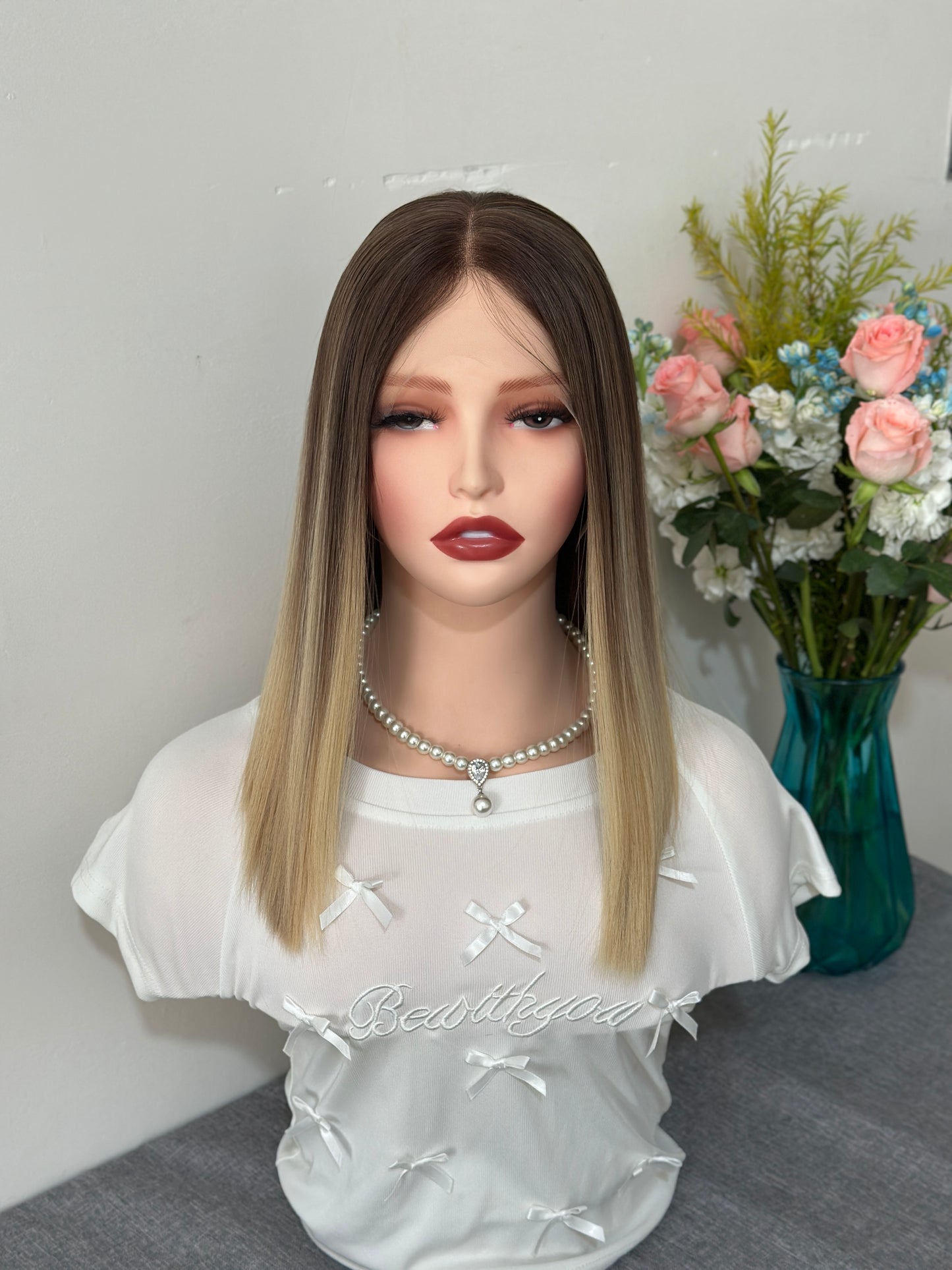 14 inch No Layer Color #B02 Straight Brazilian Hair Lace Top Wig Sheitel
