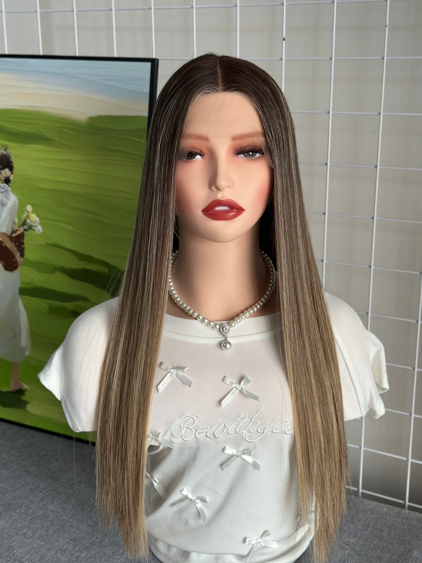 22 inch Slight Layer Straight Color #B24 Brazilian Hair Lace Top Wig Jewish Wig Sheitel