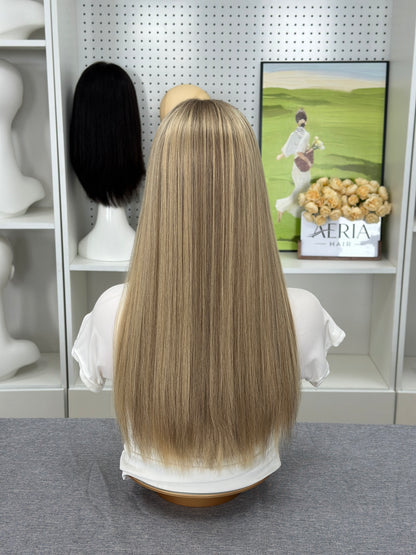 22 inch Slight Layer Brazilian Hair Straight Blonde Color #A64 Lace Top Jewish Wig Sheitel