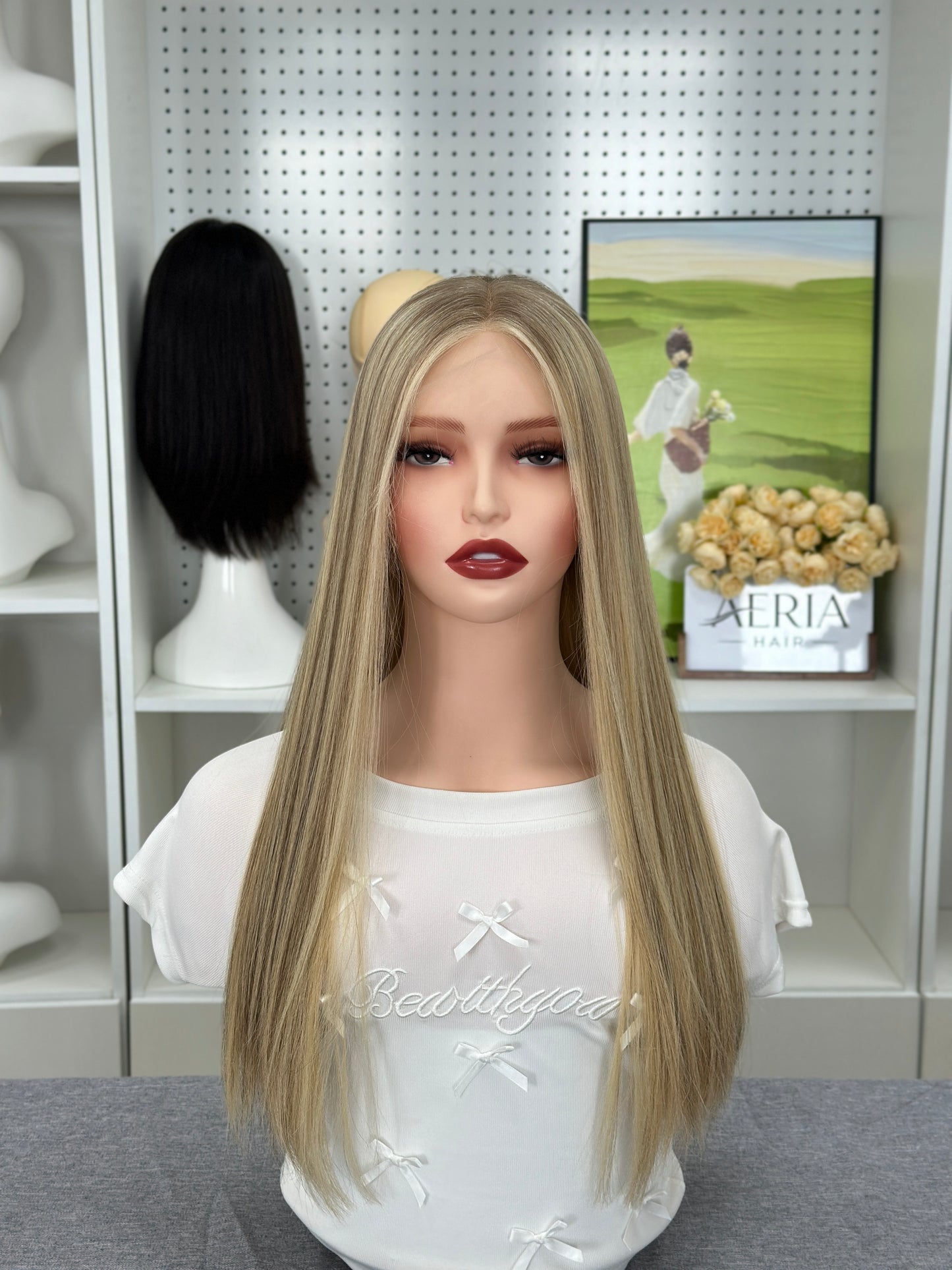 22 inch Slight Layer Brazilian Hair Straight Blonde Color #A64 Lace Top Jewish Wig Sheitel