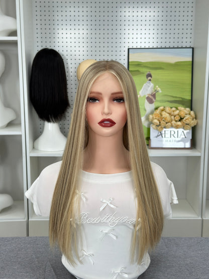 22 inch Slight Layer Brazilian Hair Straight Blonde Color #A64 Lace Top Jewish Wig Sheitel
