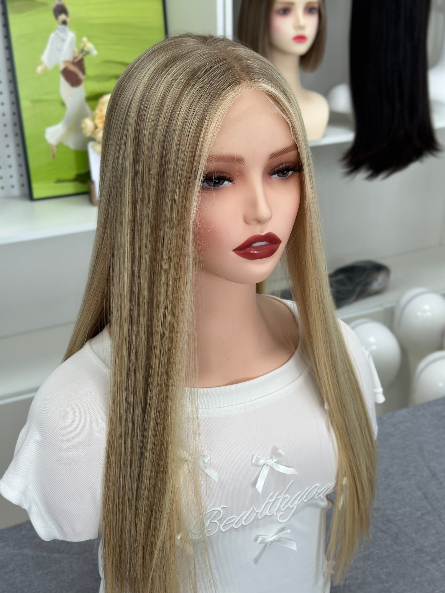 22 inch Slight Layer Brazilian Hair Straight Blonde Color #A64 Lace Top Jewish Wig Sheitel