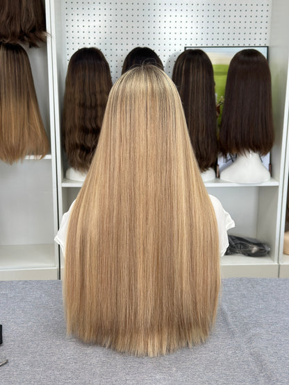 26-Inch Brazilian Human Hair Lace Top Wig – Blonde Color,Slight Layer,Straight