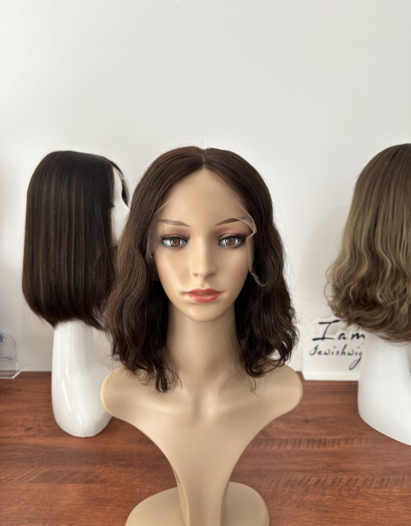 Natural Color With Highlights 12inch Wavy Slight Layer HD Lace Top Wig